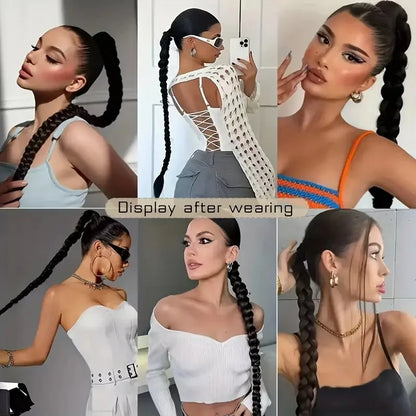 Women’s Long Box Braid Ponytail Extension - Synthetic Straight Braided Hairpiece with Clip-In Elastic Band for Daily Style