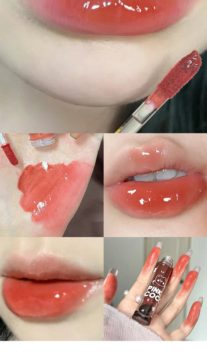 PINKCOCO Bear Doodle Mirror Lip Glaze – Long-Lasting Shiny Nude Lip Gloss, Skin-Brightening Student-Friendly Lipstick