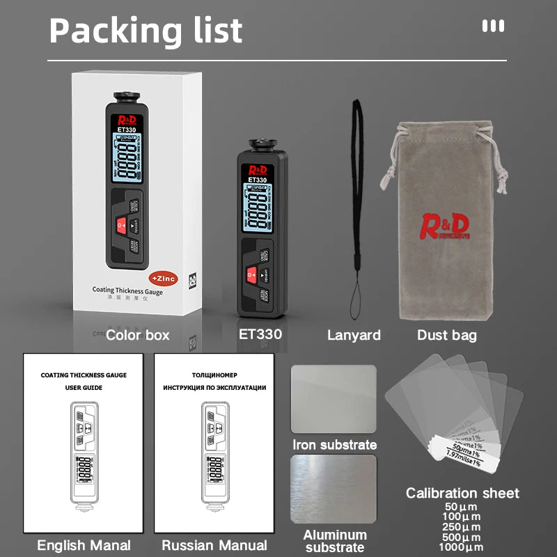R&D ET330+Zn Car Paint Thickness Gauge - 0–1500μm Fe & NFe Coating Tester for Automotive Metal Surfaces