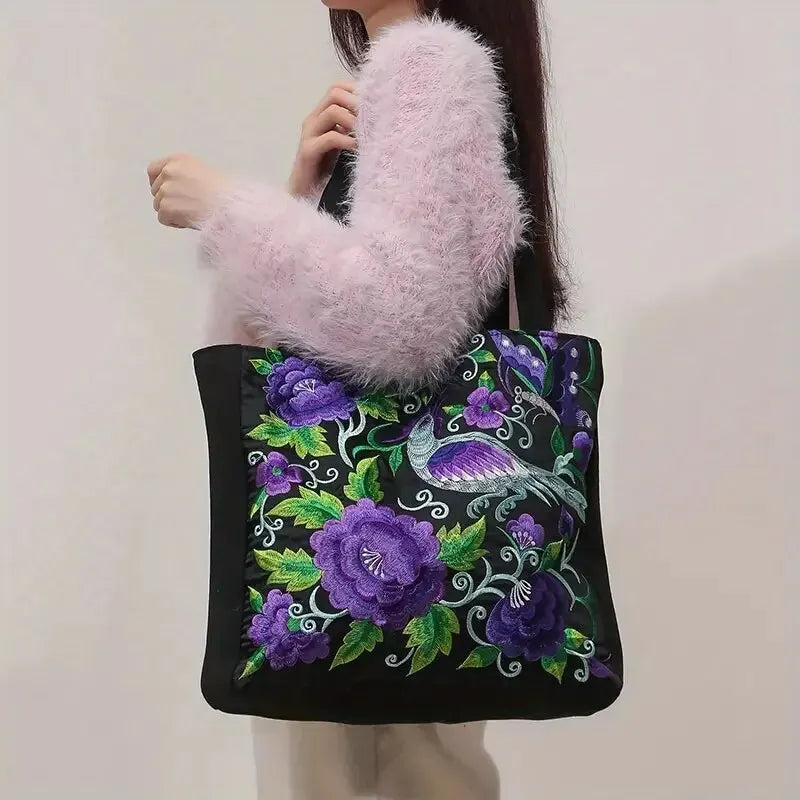 Ethnic Style Flower Embroidery Canvas Tote - Large Capacity Shoulder Bag Handbag for Women