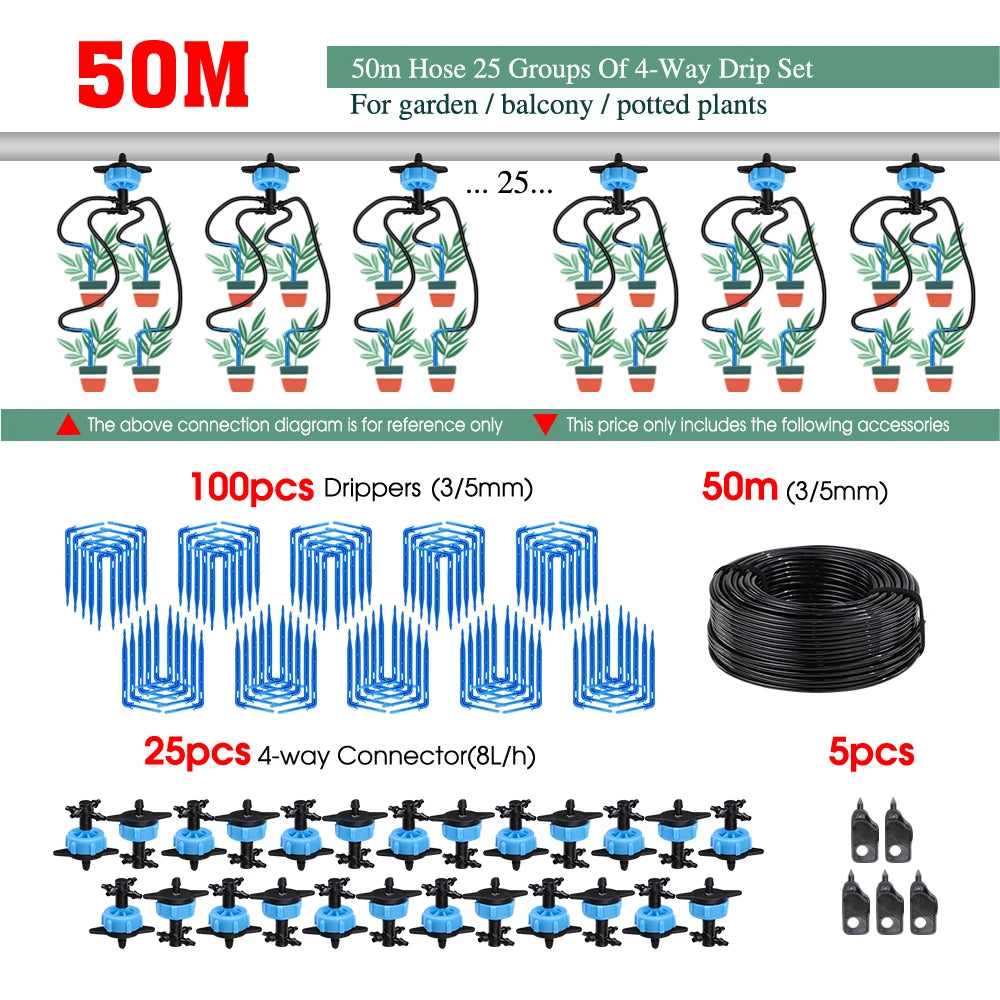 MUCIAKIE 4/2-Way Drip Irrigation System Kit – 100–10M 8L Watering Dripper Sprinkler for Potted Plants & Garden Use