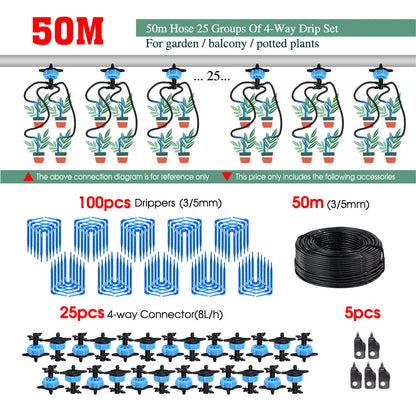 MUCIAKIE 4/2-Way Drip Irrigation System Kit – 100–10M 8L Watering Dripper Sprinkler for Potted Plants & Garden Use