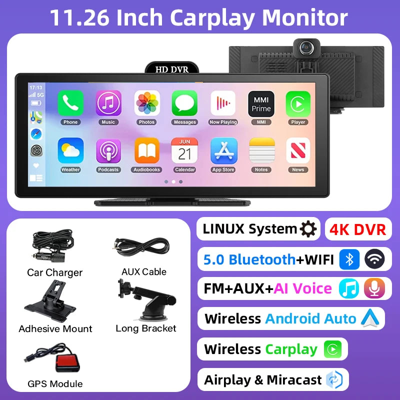 11.26-Inch 4K Dash Cam – Wireless CarPlay & Android Auto, Dual Lens DVR, Bluetooth Audio, GPS Navigation Video Recorder