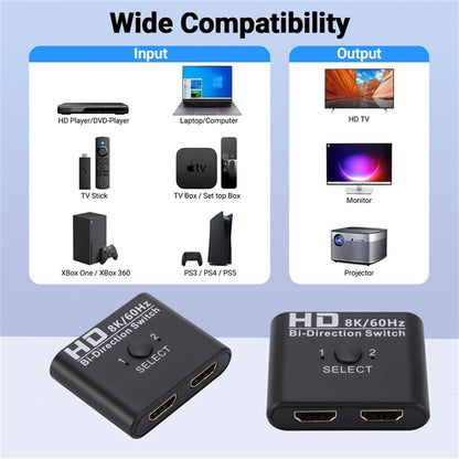 4K HDMI Bi-Directional Switch – 2 Port 8K 60Hz HDMI Splitter for Laptop, PC, Xbox, PS3/4/5, TV Box to Monitor Adapter