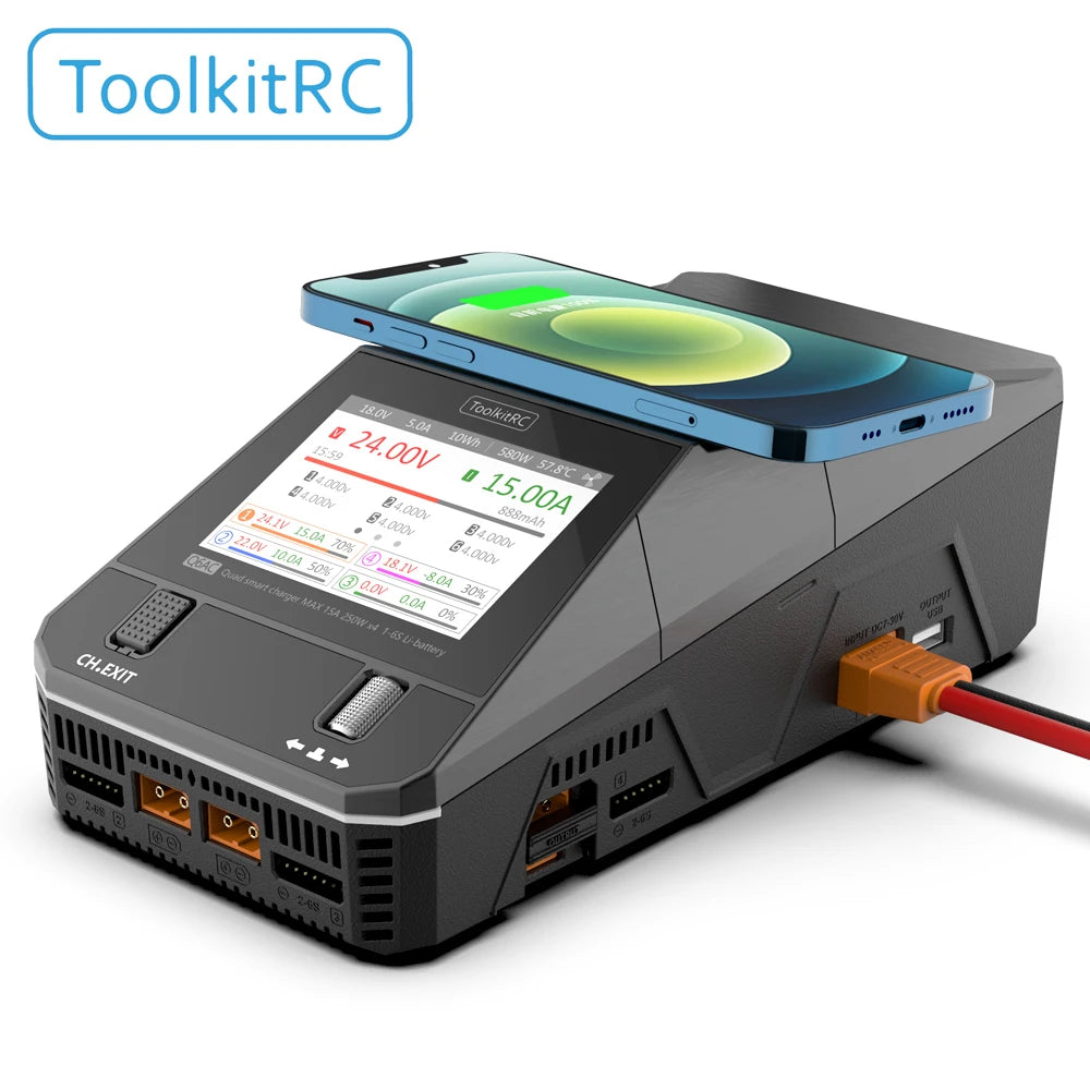ToolkitRC Q6AC Charger — AC 400W/DC 1000W 4CH with USB A/Type-C, LiPo 1-6S, NiMH 1-16S, PB 1-10S, IPS Display
