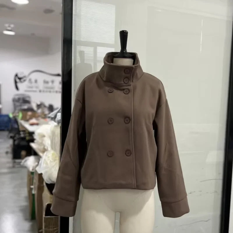 Women’s Short Woolen Coat - Stand Collar Loose Zipper Jacket for Spring Autumn Fashion Outerwear
