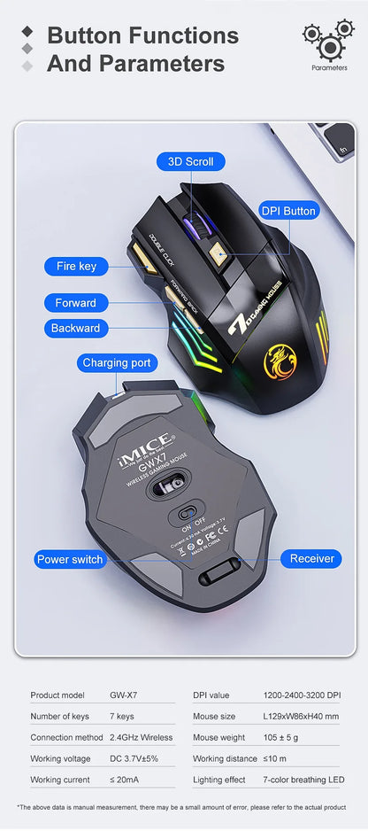 IMICE GW-X7 Wireless Gaming Mouse | 3200DPI, Dual Mode, Rechargeable, 7 Keys, Silent, Bluetooth, 7-Color LED