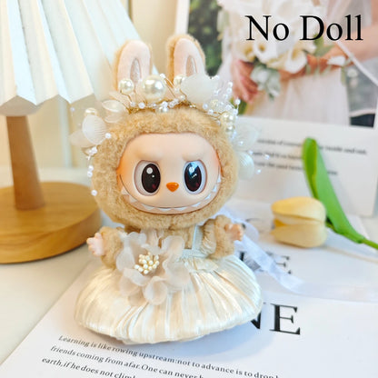 Mini Plush Doll Clothes Bud Skirt with Pearl Hair Accessory — Labubu I & II Kpop Idol Doll DIY Outfit Gift