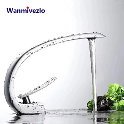 Brass Bathroom Faucet - Single Handle Basin Sink Mixer Tap with Hot & Cold Water, Beautiful Curve Design, Deck Installation