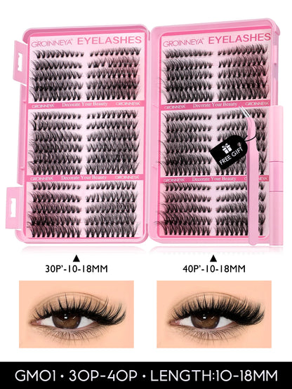 GROINNEYA Cat Lash Clusters Kit – 640pcs with Lash Bond & Seal, DIY Eyelash Extensions for Home Use