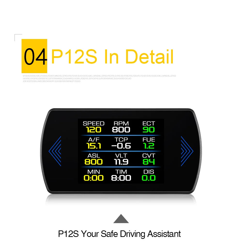 P12 Car OBD2 Head-Up Display — Dual System HUD, Smart Digital Meter for Speed, Fuel, Fault Codes & Driving Data