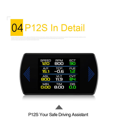 P12 Car OBD2 Head-Up Display — Dual System HUD, Smart Digital Meter for Speed, Fuel, Fault Codes & Driving Data