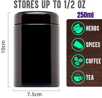 Airtight UV Glass Jar — Smell-Proof 1/2oz-1L Container with 2-Way 62% Humidity Pack to Keep Goods Fresh