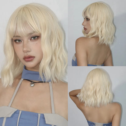 Blonde Short Curly Bob Synthetic Wig with Bangs – Platinum Golden Lolita Cosplay Wig for Women, Heat-Resistant for Daily & Party Use