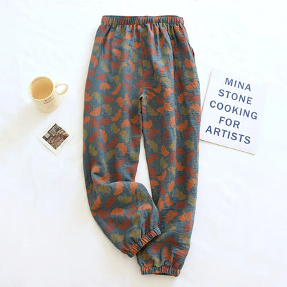 2025 Spring Summer Women's Pajama Pants – 100% Cotton Crepe Loose Fit Leaf Print Home Wear Bottoms