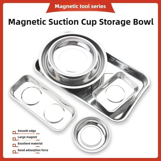 Magnetic Stainless Steel Parts Tray - Round & Square Bowl Organizer for Screws, Nuts, Bolts and Small Parts Storage