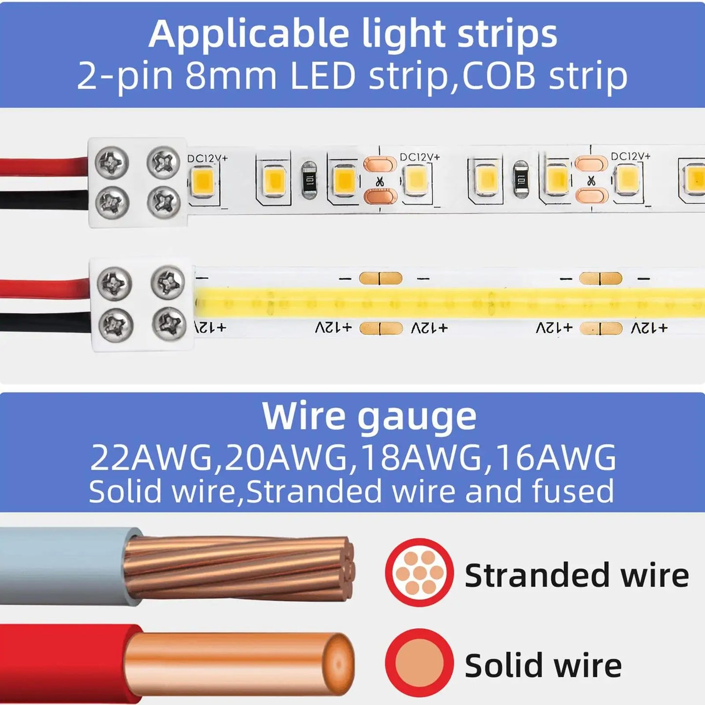 8mm Solderless LED Strip Connectors - Single Color Tape Light Fixed Clamps for Easy LED Installation