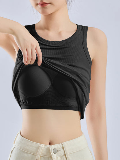 Women’s Threaded Camisole Vest – All-In-One Pure Color Top with Built-In Breast Pads, Inner & Outer Layer Bottoming Shirt