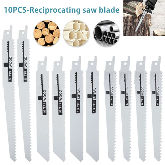 10PCS Reciprocating Saw Blades - Multi Material Cutting Set for Wood Metal Plastic Pipe and Power Tools