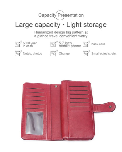 Vintage Large Capacity Women's Purse – Monochromatic Multi-Card Long Wallet with Zipper & Wrist Strap