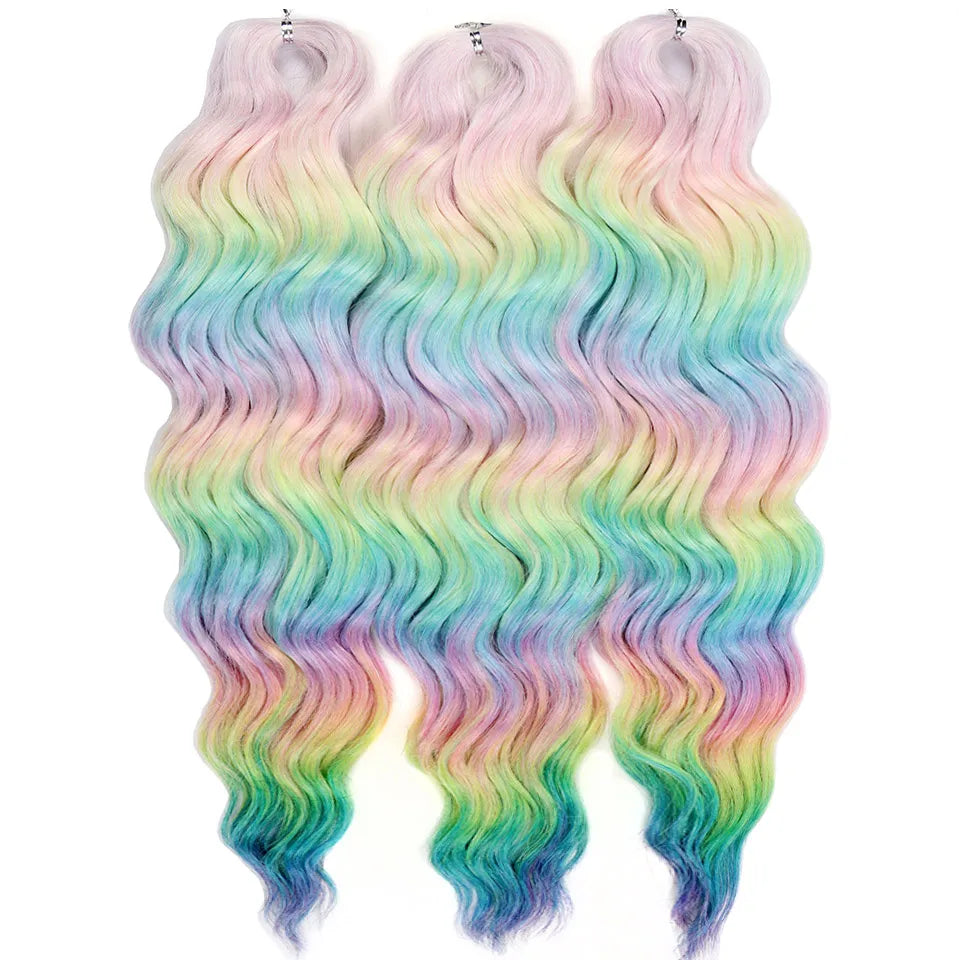 FASHION IDOL 24" Deep Wave Crochet Hair - 3-Piece Synthetic Water Wave Braiding Extensions, Ombre Rainbow Twist Hair