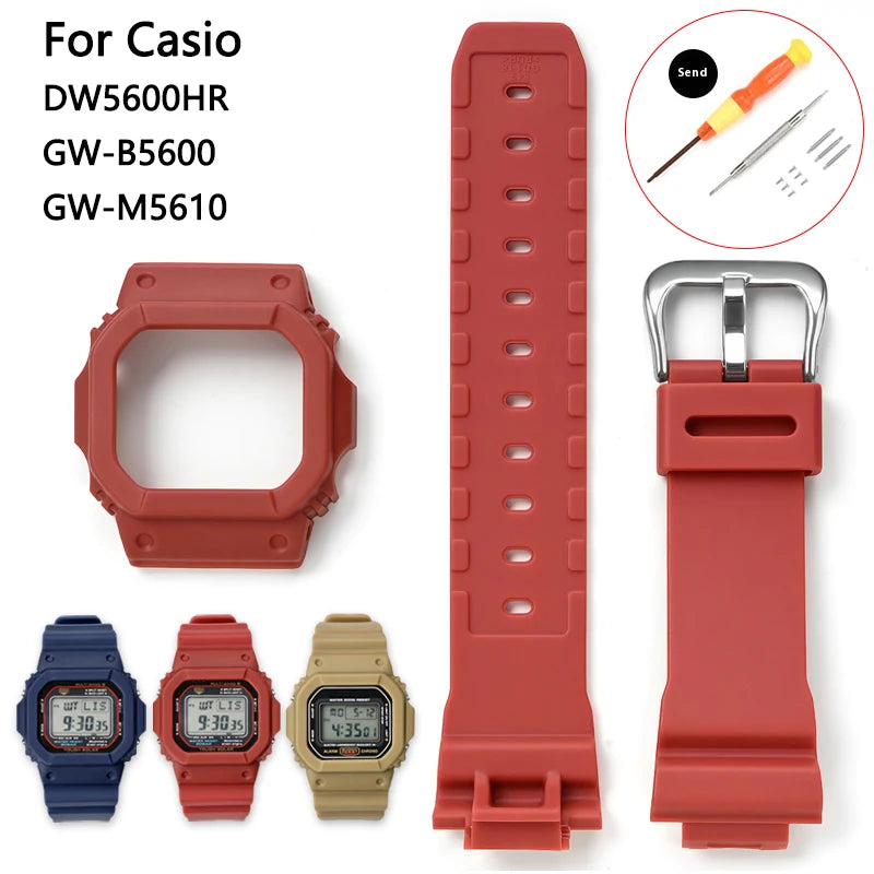 Silicone Watch Band and Case for Casio G-Shock DW-5600, DW-5610, GW-M5610 & GWB5600 - Sport Replacement Strap Set
