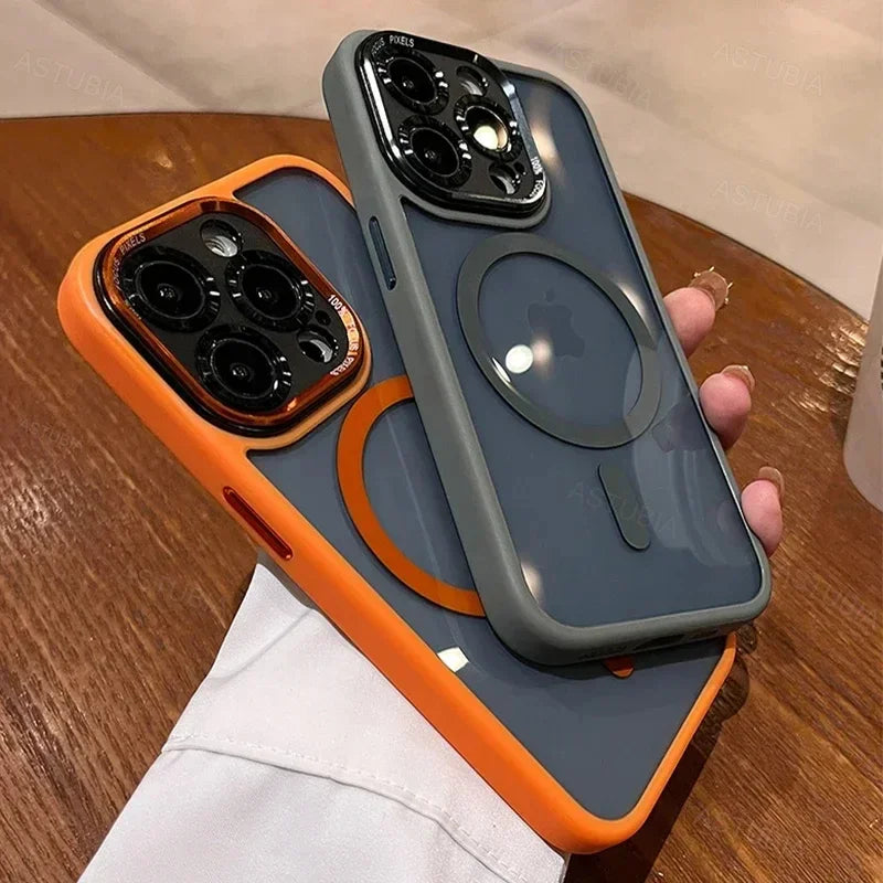 Luxury Magnetic Metal Lens Case – Hard Clear Protective Cover for iPhone 16, 15, 14, 13, 12, 11 Pro Max with Wireless Charging