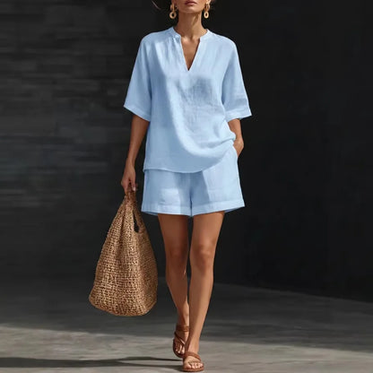 Women’s Cotton Linen Two Piece Set - Casual Spring Summer Drawstring Blouse & Ruffle Shorts Outfit