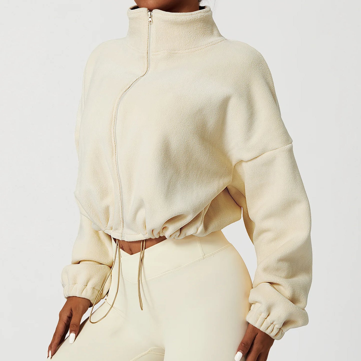 Women's Polar Fleece Zip Hoodie — Athletic Loose-Fit Crop Top with Stand Collar, Thumb Holes & Drawstring Hem for Fall/Winter