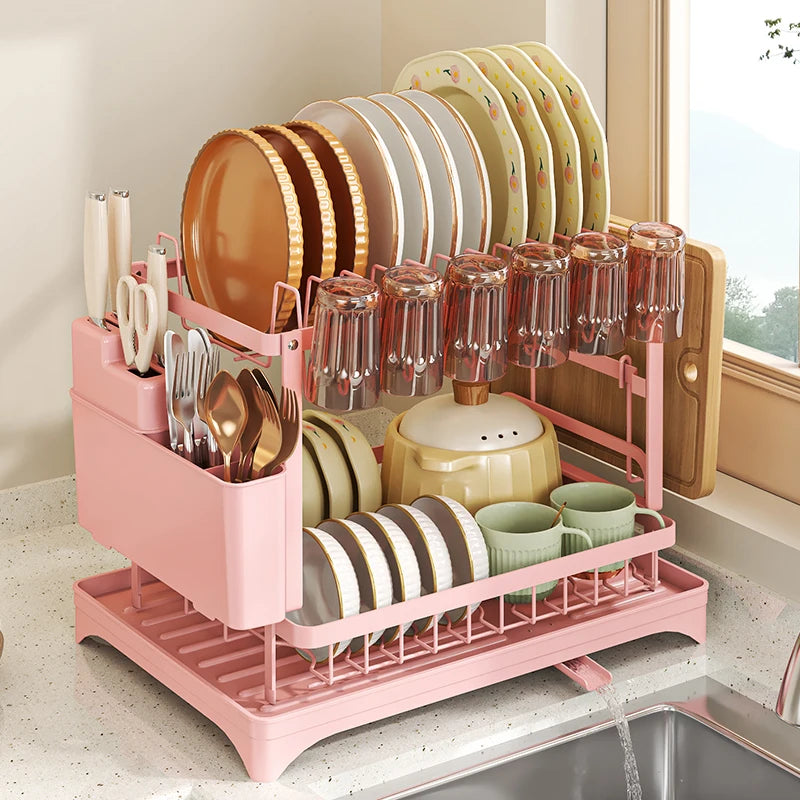Pink Dish Rack – Snap-On Kitchen Storage Organizer for Bowls & Plates, No-Drill Installation