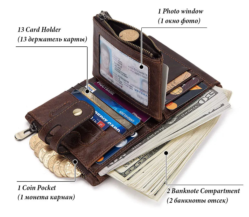 Fashion Women’s Leather Wallet — Genuine Leather Clutch with Hasp & Double Zipper, Short Coin Pocket and ID Card Holder Purse