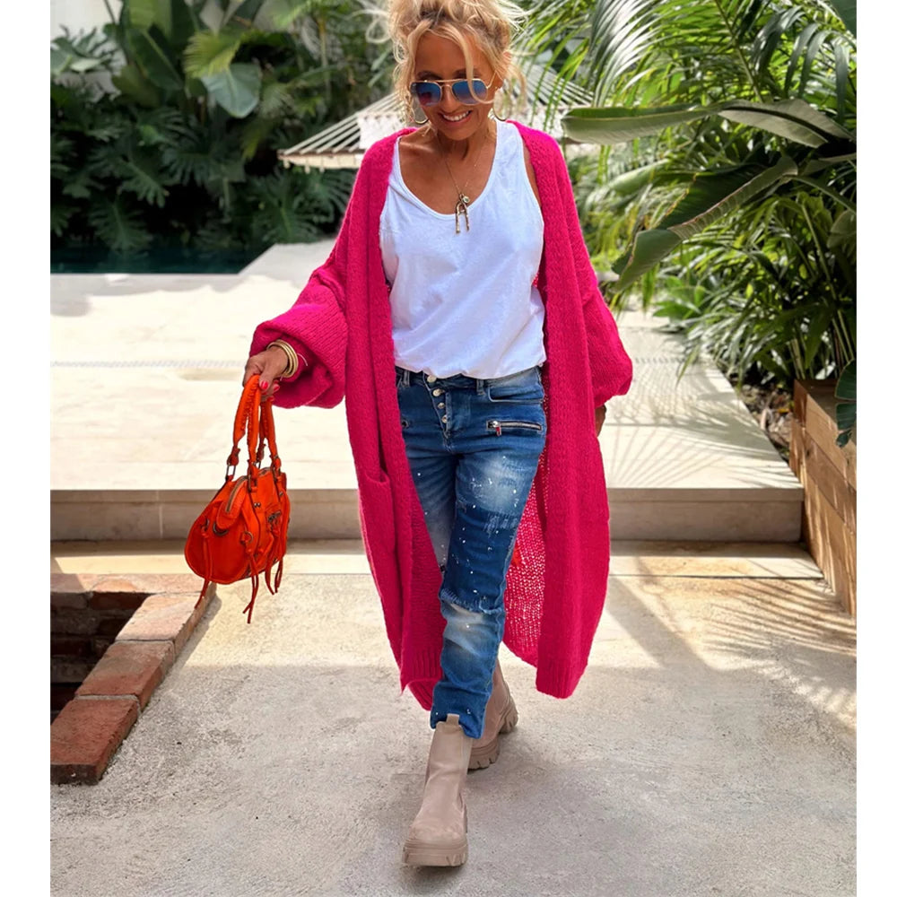 2024 Women’s Knitted Striped Cardigan – Elegant Loose Long Outerwear, Y2K Sweater Coat, Soft Cover-Up for Fashion Streetwear