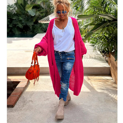 2024 Women’s Knitted Striped Cardigan – Elegant Loose Long Outerwear, Y2K Sweater Coat, Soft Cover-Up for Fashion Streetwear