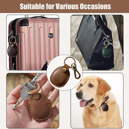 Airtag Holder Keychain — Genuine Leather Handmade Case, Scratch-Resistant Key Ring for Dog Collar & Luggage Cover