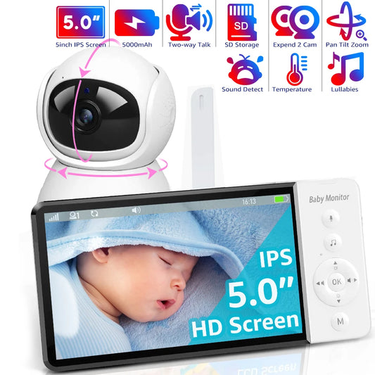 5'' IPS Screen Pan-Tilt-Zoom Video Baby Monitor – 30H Battery, 2-Way Talk, Night Vision, Temperature Sensor & Lullabies, SD Card Support Baby Camera