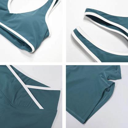 Women's 2-Piece Yoga Set – Color Block Sports Bra and Fitness Shorts Outfit for Summer Workout & Gym
