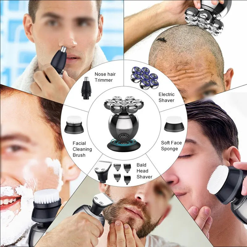 7D Floating Cutter Head Electric Shaver - Portable Men's Beard Trimmer and Clipper with Base Charging - Skull Shaver for Waterproof Shaving