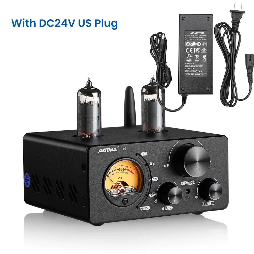 AIYIMA Audio T9 HiFi Bluetooth 5.0 Vacuum Tube Amplifier – USB DAC, COAX, OPT, VU Meter Stereo Amplifier for Speakers