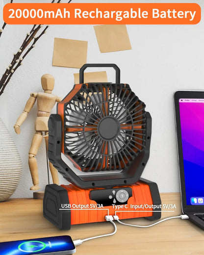 20000mAh / 10000mAh USB Rechargeable Camping Fan — Portable Wireless Air Circulator with 270° Rotating Head & Hook