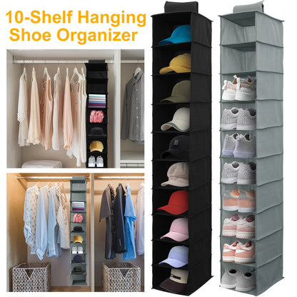 10-Shelf Hanging Shoe Organizer – Foldable Non-Woven Fabric Space-Saving Shoe Rack Multipurpose Storage