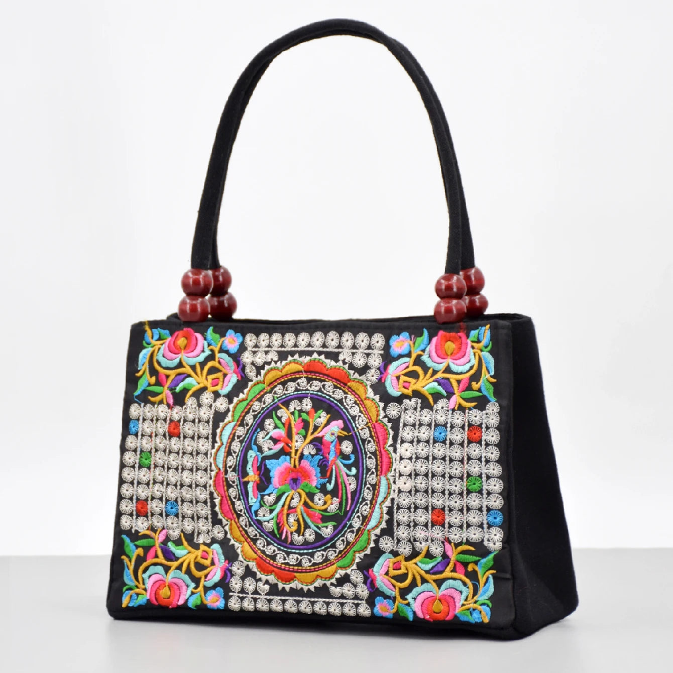 Embroidered Canvas Top Handle Bag for Women - Double Layered with Zippered Compartments, Ideal for Work and Play