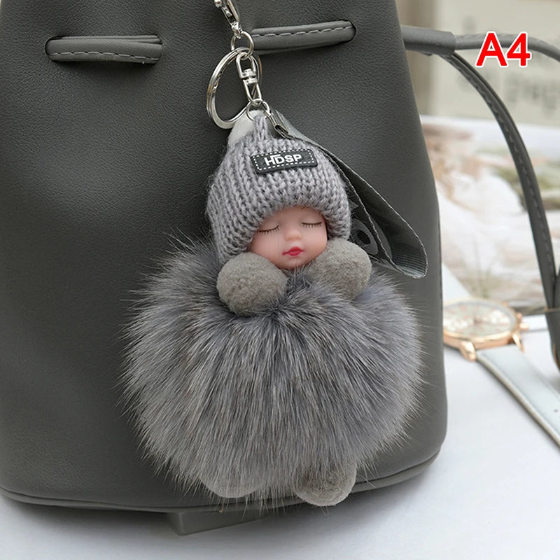 Cute Pompom Sleeping Baby Keychain - Fluffy Plush Doll Bag Charm, Key Ring & Gift for Women and Girls