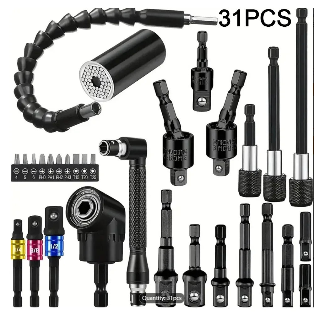 Flexible Drill Bit Extension & Right Angle Adapter Set – 105° Rotatable Hex Shank Screwdriver Bit Kit