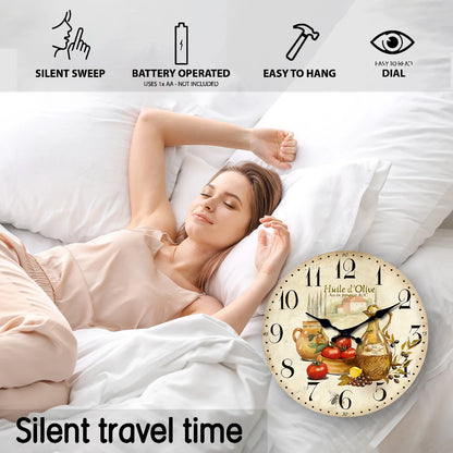 Retro Provence Wooden Wall Clock – Olive Oil & Tomato Pattern, Silent Quartz for Living Room, Bedroom, Kitchen | 10-16 Inch Home Decor, Holiday Gift (No Batteries)