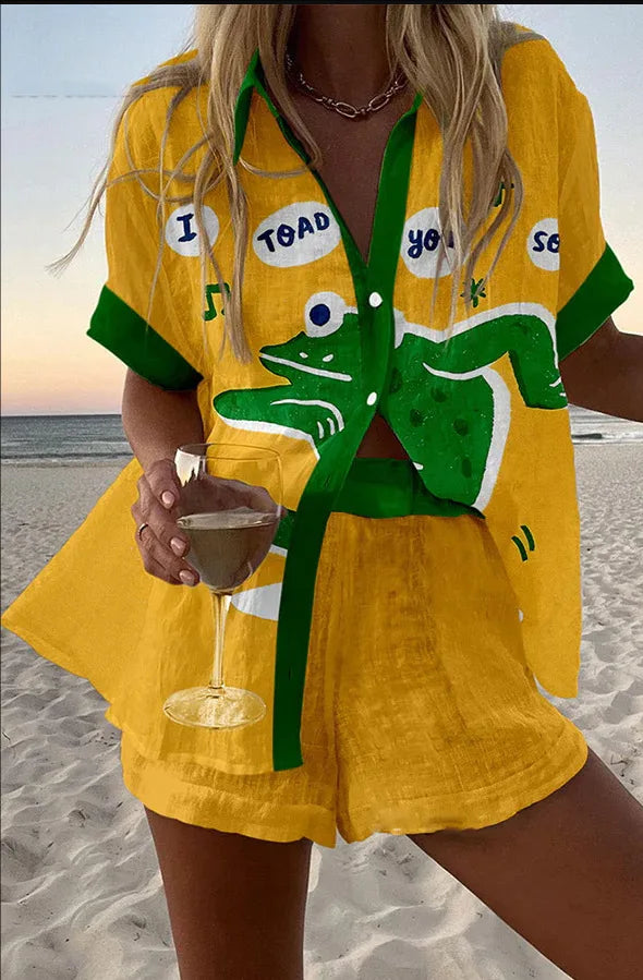 Women’s Summer 2-Piece Set – Lapel Short-Sleeve Shirt & Shorts, Elegant Loose Printed Outfit