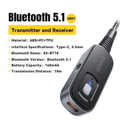 Essager Bluetooth 5.1 Audio Receiver & Transmitter – 3.5mm AUX Wireless Adapter with Mic for PC, TV, Car & Speakers