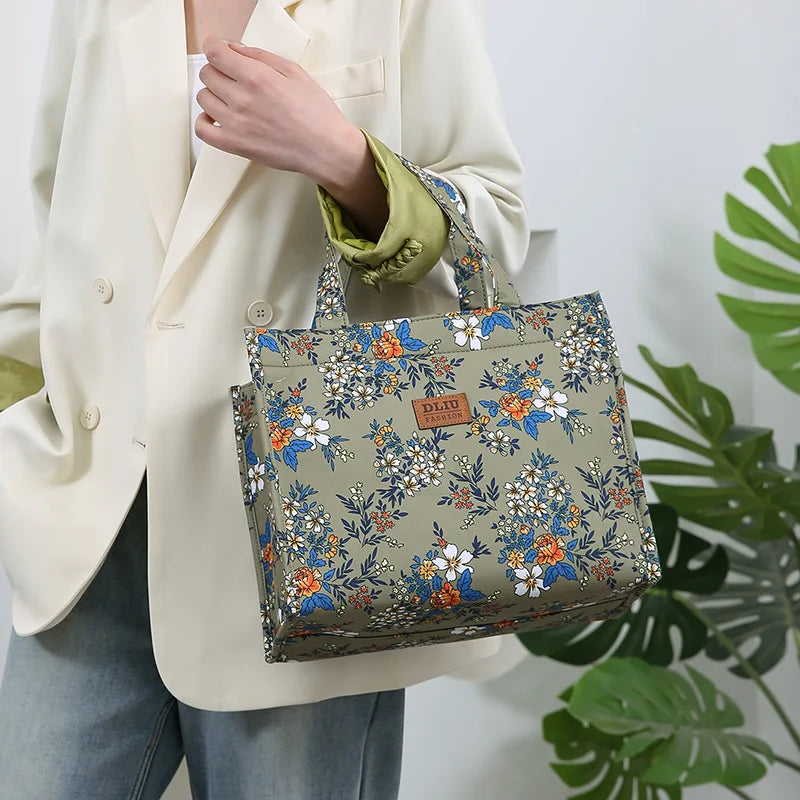 New Nylon Printing Handbag – Thickened Large Capacity Work and Portable Zipper Lunch Box Storage Bento Bag