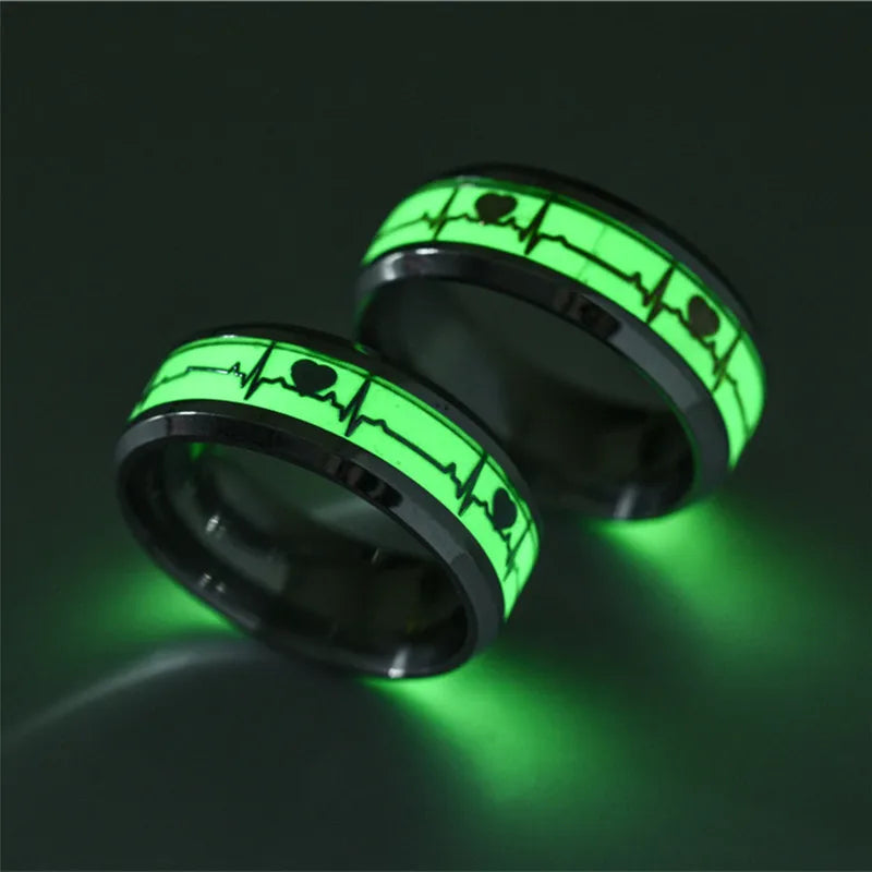 Luminous Stainless Steel Love Heart Couples Rings – Glow in the Dark Fluorescent Wedding Band Finger Rings Accessories