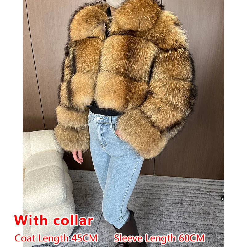 2025 Maomaokong Women’s Real Fur Coat – Natural Raccoon & Fox Fur Jacket with Hood, Warm Winter Outerwear