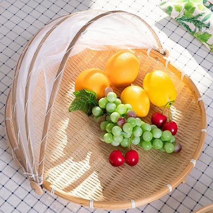 Bamboo Woven Basket with Anti-Mosquito Net – Portable Outdoor Fruit & Vegetable Tray with Mesh Cover